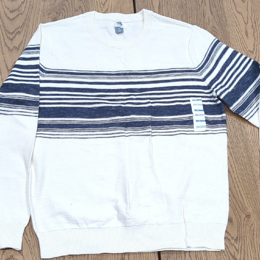 Old Navy Men's Cream and Navy Striped Crewneck Sweater